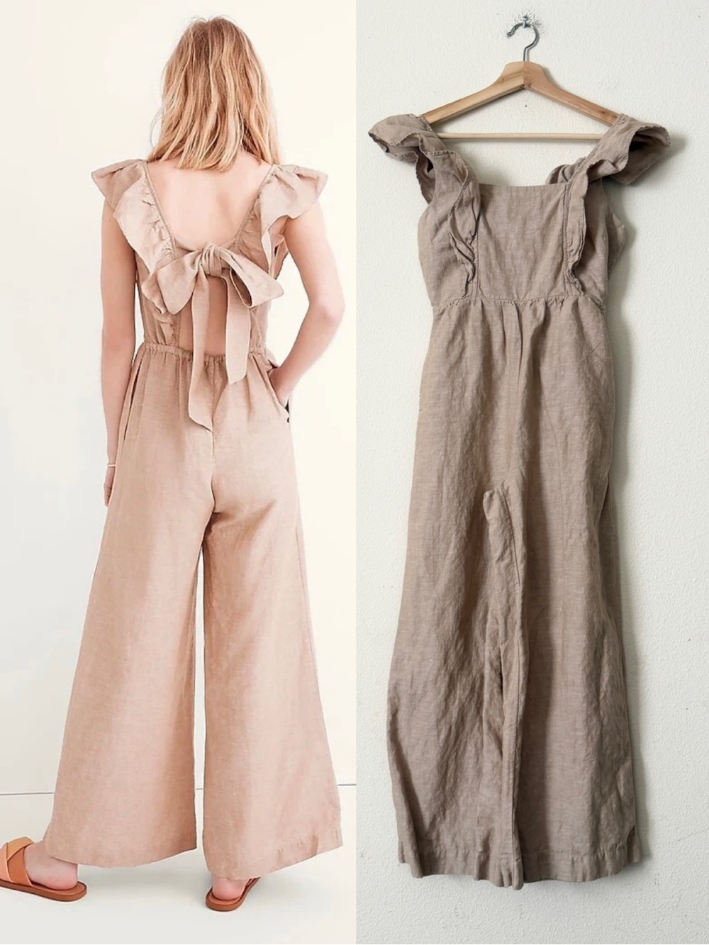 Madewell SIZE 00 linen blend ruffle tie back wide leg jumpsuit in beige